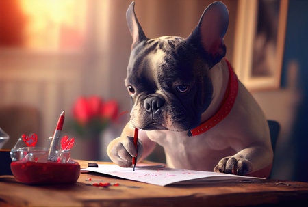 French Bulldog writing a love letter to the owner on a desk. Animal and pet concept. Generative AIの素材