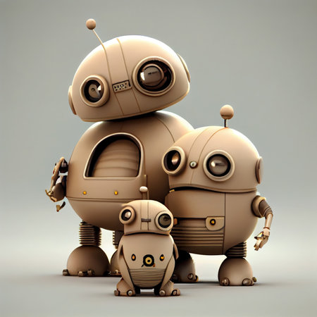 Cute retro robot family on minimal background. Technology and social gathering concept. Generative AIの素材