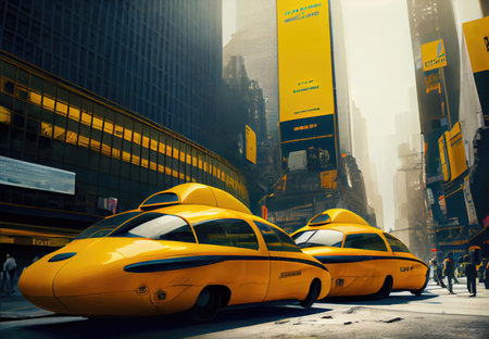 Futuristic yellow taxi among big cities and skyscrapers. Transportation and Innovation technology concept. Generative AIの素材