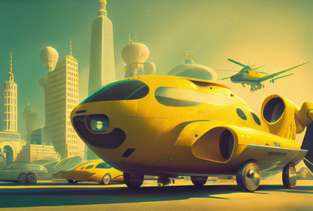 Futuristic yellow taxi among big cities and skyscrapers. Transportation and Innovation technology concept. Generative AIの素材