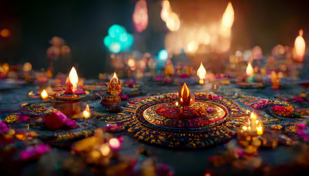 Diwali festival with colorful candles light and bokeh background. Generative AIの素材
