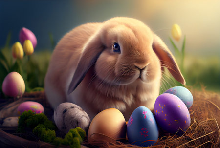 Rabbit with colorful Easter eggs in the meadow. Generative AIの素材