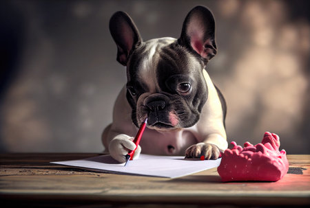 French Bulldog writing a love letter to the owner on a desk. Animal and pet concept. Generative AIの素材