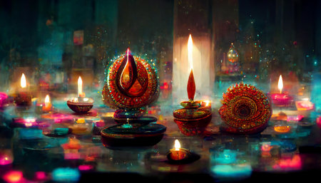 Diwali festival with colorful candles light and bokeh background. Generative AIの素材