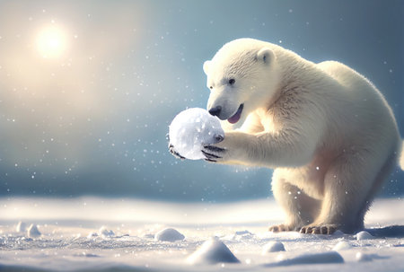 White polar bear cub playing snowball in the north pole. Animal and Seasonal concept. Generative AIの素材