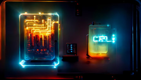 Electrical glowing lighting neon circuit on CPU mainboard background. Technology and abstract concept. Generative AIの素材