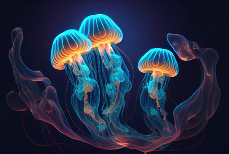 Medusa Jellyfish with glowing illumination light under the deep sea in the dark background. Marine life and animal concept. Generative AIの素材