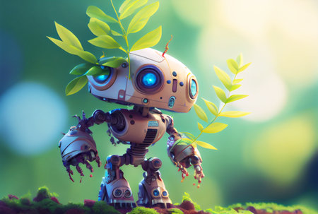 Little cute smart robot holding seedlings to plant a forest. environment conservation and technology concept. Generative AIの素材