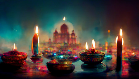 Diwali festival with colorful candles light and bokeh background. Generative AIの素材