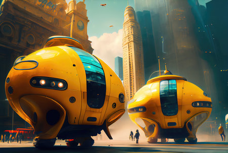 Futuristic yellow taxi among big cities and skyscrapers. Transportation and Innovation technology concept. Generative AIの素材