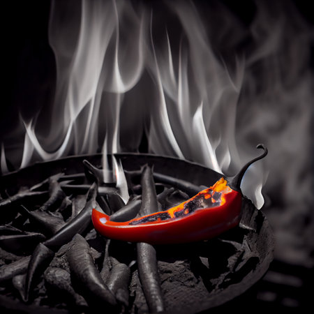 Red chili with burning fire flame in hot pan on black background. Generative AIの素材