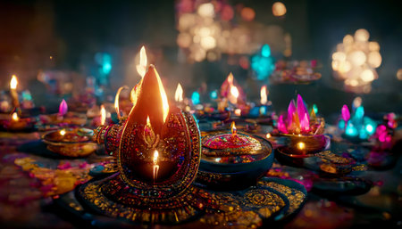 Diwali festival with colorful candles light and bokeh background. Generative AIの素材