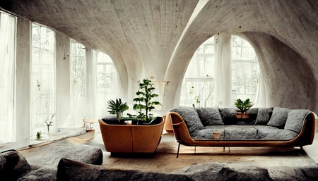 Living room in Scandinavian style with houseplants background. Generative AIの素材