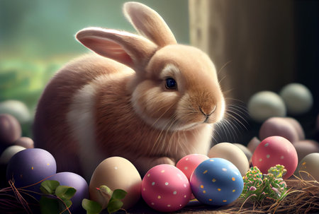 Rabbit with colorful Easter eggs in the meadow. Generative AIの素材