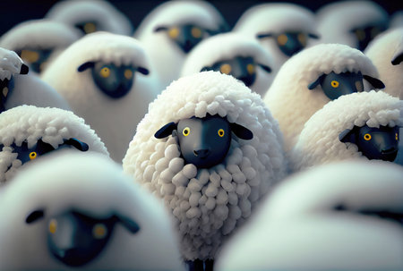 Flock of cute white sheep in farm. Generative AIの素材