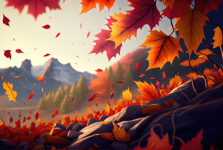 Red maple leaves in the wind with landscape background. Autumn and fall seasonal concept. Digital art illustration. Generative AIの素材