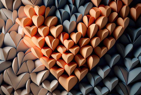 Orange white and blue papercut hearts origami background. Love story and Valentines day wallpaper concept. Generative AIの素材