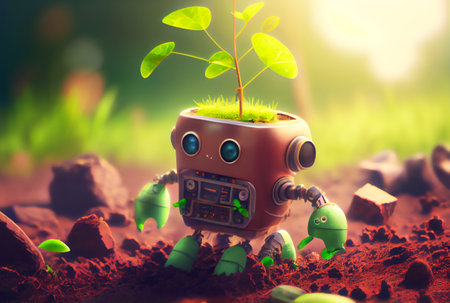 Little cute smart robot holding seedlings to plant a forest. environment conservation and technology concept. Generative AIの素材