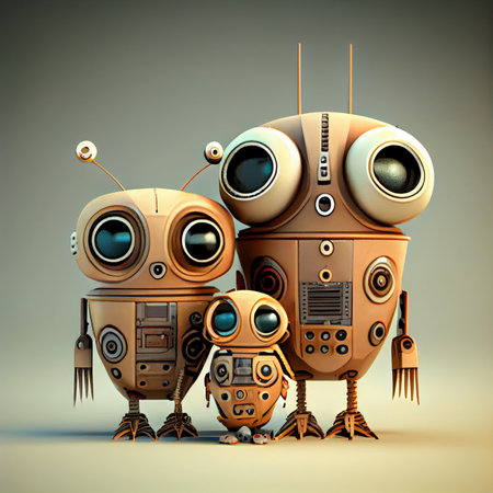 Cute retro robot family on minimal background. Technology and social gathering concept. Generative AIの素材