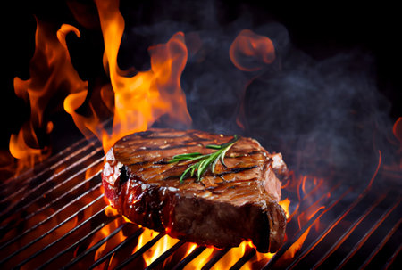 T-Bone steak or Porterhouse on grill with blazing fire flame. Food and cuisine concept. Generative AIの素材