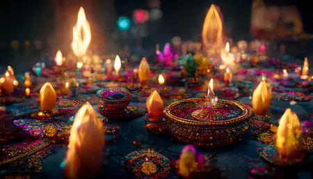Diwali festival with colorful candles light and bokeh background. Generative AIの素材