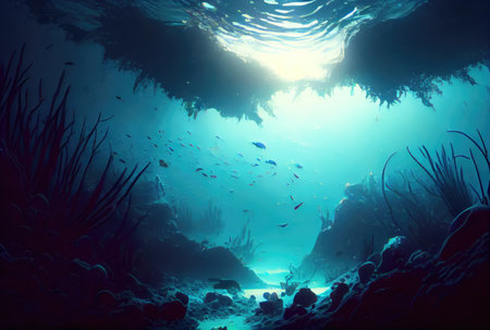 Deep sea and aquatic life with sunshine background. Digital art illustration. Marine life and undersea concept. Generative AIの素材