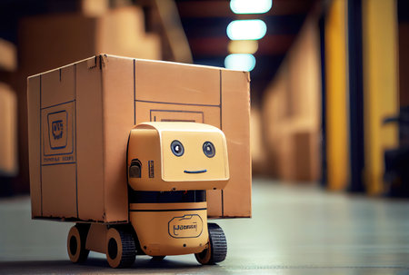 Robot AGV transporting cardboard box in warehouse background. Technology innovation and delivery concept. Generative AIの素材