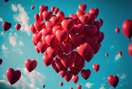 Many red balloon in heart shape particles flying on the air with blue sky background. Valentines day concept. Generative AIの素材