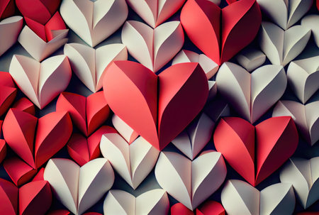 Papercut red and white hearts origami background. Love story and Valentines day wallpaper concept. Generative AIの素材