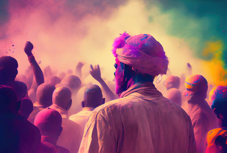 Holi festival the festival of colors with crowd people and colorful powder in the Indian town. Generative AIの素材
