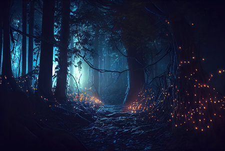 Dark spooky enchanted forest with glowing fairy light and fireflies. Generative AIの素材