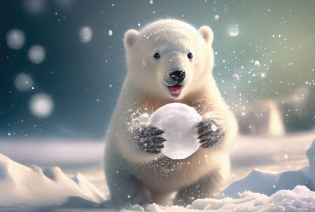 White polar bear cub playing snowball in the north pole. Animal and Seasonal concept. Generative AIの素材