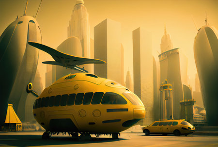 Futuristic yellow taxi among big cities and skyscrapers. Transportation and Innovation technology concept. Generative AIの素材