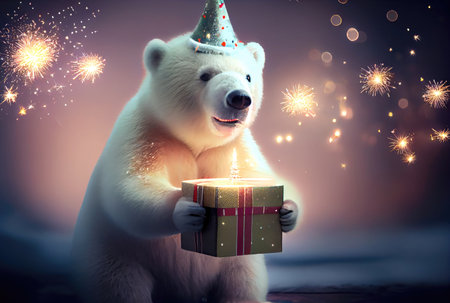 White polar bear cub holding the blue gift box in snowy landscape background. Seasonal and New year concept. Digital art illustration. Generative AIの素材