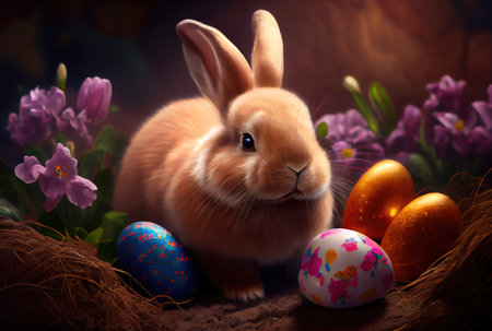 Painted Easter eggs and cute rabbit in the nest. Generative AIの素材