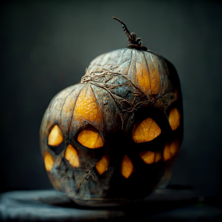Spooky ghost face with pumpkin lantern in Halloween party background. Generative AIの素材