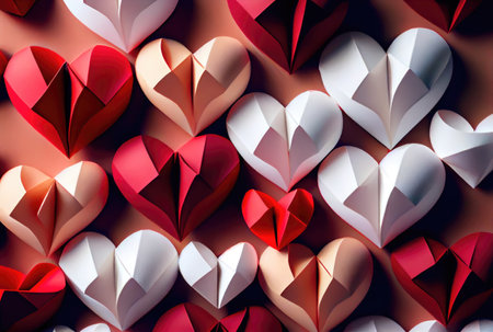 Papercut red and white hearts origami background. Love story and Valentines day wallpaper concept. Generative AIの素材