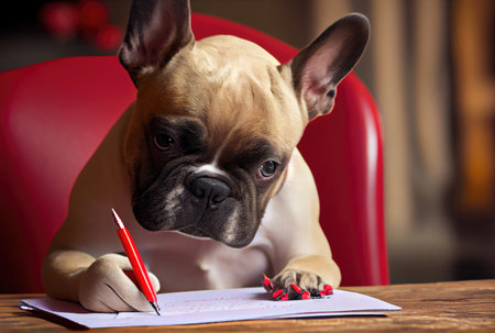 French Bulldog writing a love letter to the owner on a desk. Animal and pet concept. Generative AIの素材