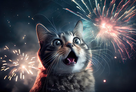 The cat is afraid and shocked by the sound of fireworks with sky background. Pet and animal concept. Digital art illustration. Generative AIの素材