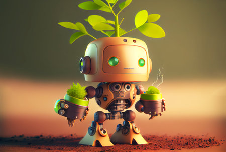 Little cute smart robot holding seedlings to plant a forest. environment conservation and technology concept. Generative AIの素材