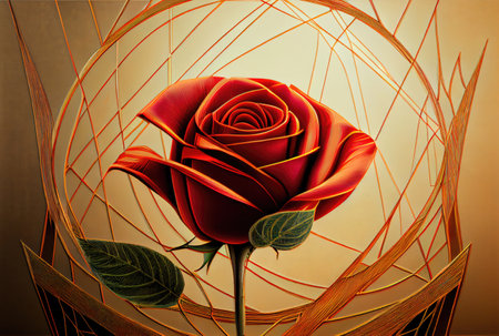 Red rose with geometric golden frame drawing line background. Generative AIの素材