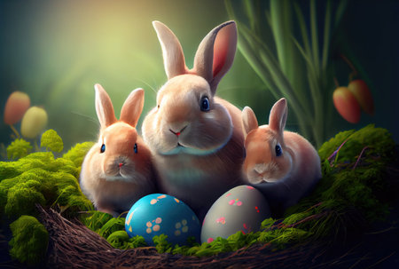 Rabbits family in the nest with many colorful Easter eggs for Happy Easter Day Greeting card background. Animal and pet concept. Generative AIの素材