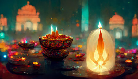 Diwali festival with colorful candles light and bokeh background. Generative AIの素材
