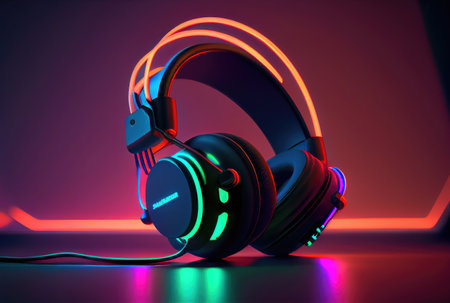 Modern headphone in the colorful gaming and live streaming room background. Generative AIの素材