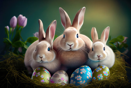 Rabbits family in the nest with many colorful Easter eggs for Happy Easter Day Greeting card background. Animal and pet concept. Generative AIの素材