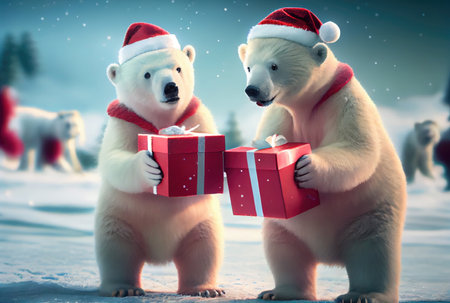 Two polar bears giving gift box together in the north pole with snowy background. Christmas day festival concept. Generative AIの素材