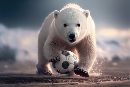 White polar bear cub playing football in snowy landscape background. Animal and sport concept. Generative AIの素材