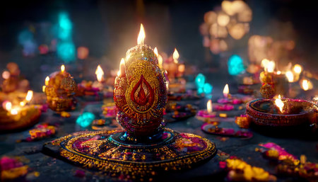 Diwali festival with colorful candles light and bokeh background. Generative AIの素材