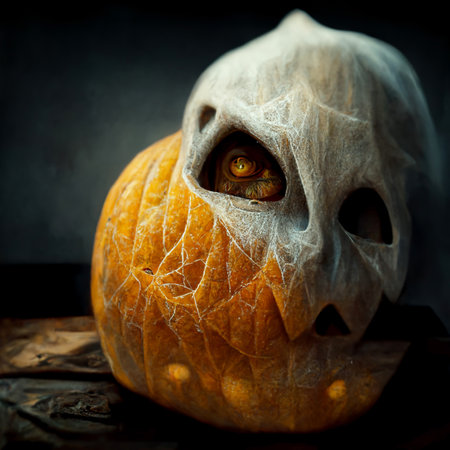 Spooky ghost face with pumpkin lantern in Halloween party background. Generative AIの素材