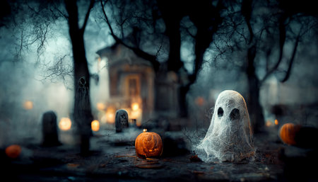 Spooky ghost face with pumpkin lantern in Halloween party background. Generative AIの素材
